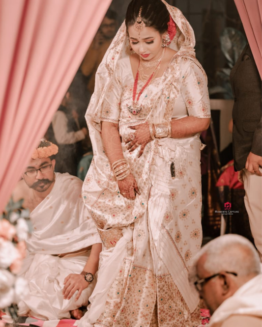 Tanushree Biya Divine White-Gold Paat Silk Mekhela Sador