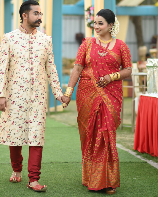 Tanushree Reception Luxury Red-Gold Paat Silk Mekhela Sador