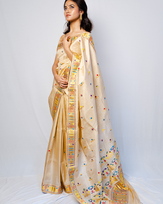 Ekaa Ivory White-Gold Paat Silk Saree