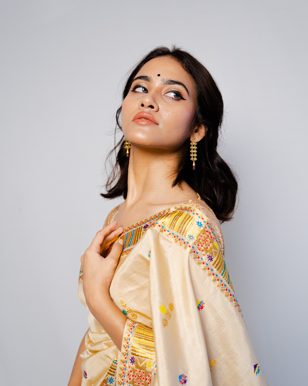 Ekaa Ivory White-Gold Paat Silk Saree