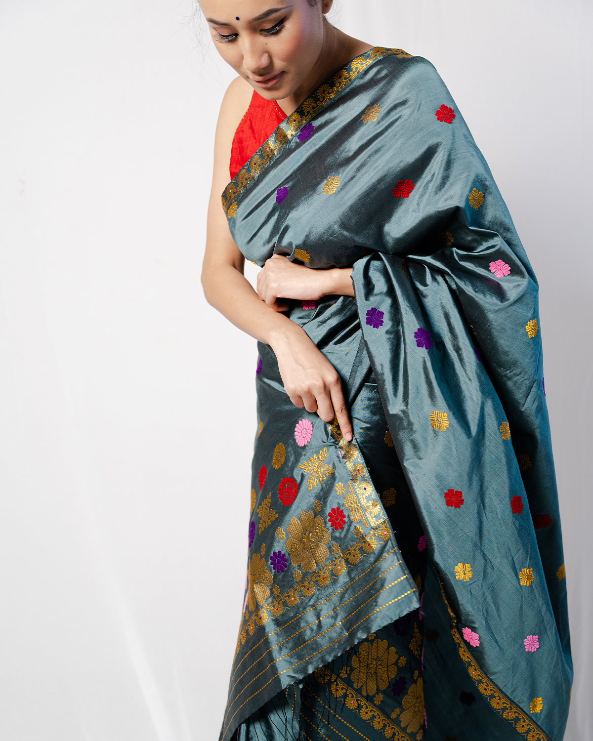 Prakriti Ocean Blue Green-Multicolored Paat Silk Mekhela Sador