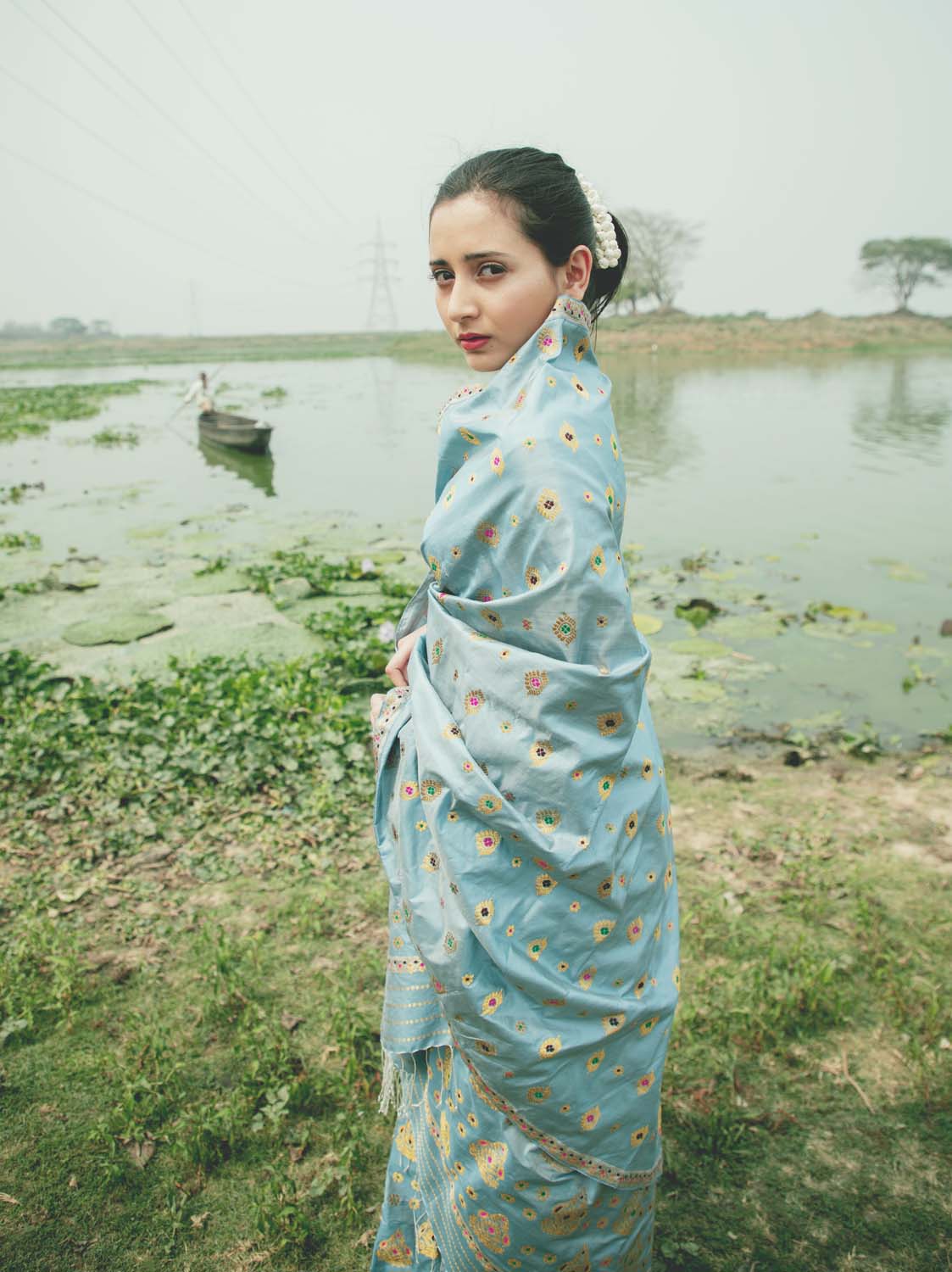 Shree Light Steel Blue Paat Silk Mekhela Sador