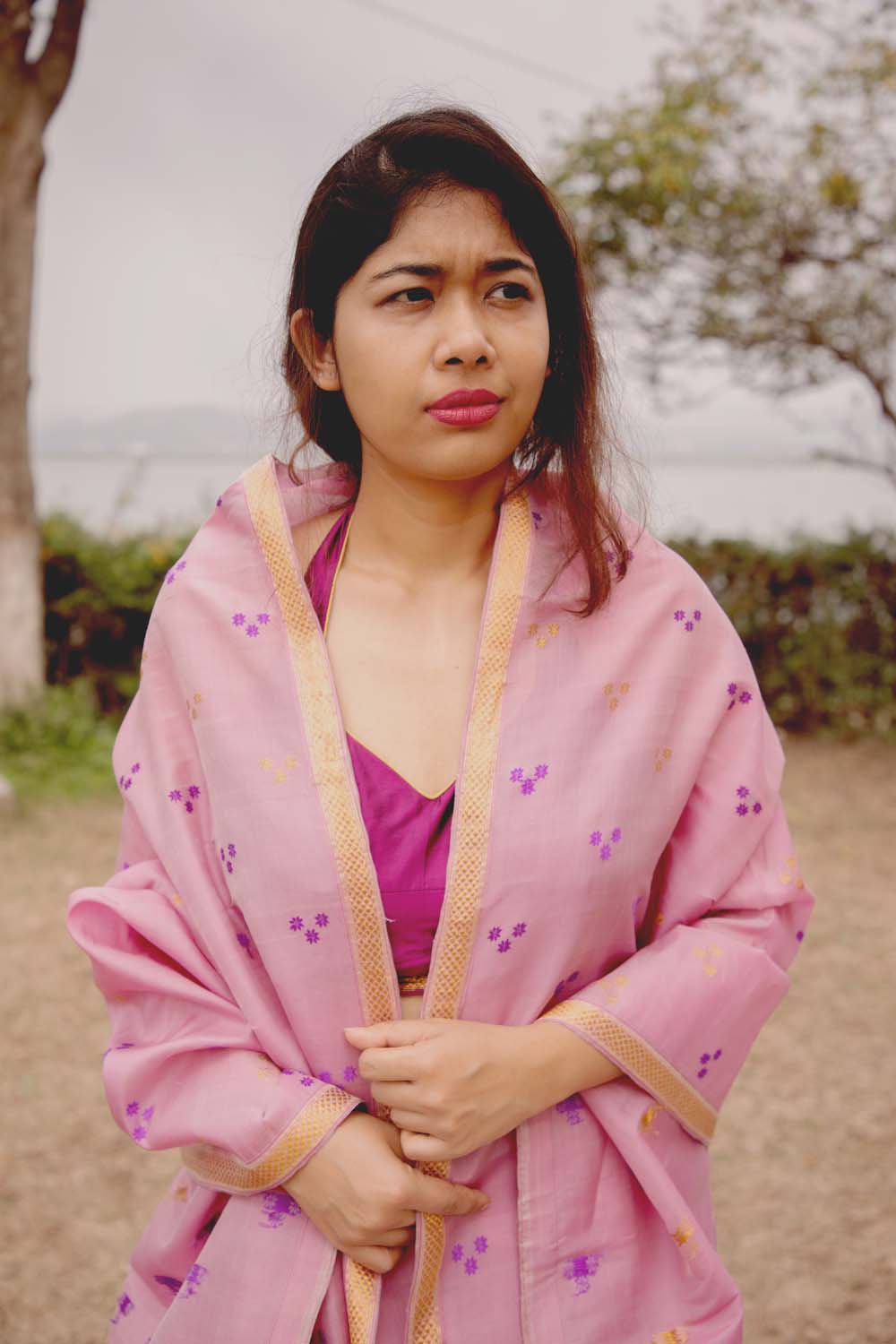Bindu Purple-Pink Kesa Paat Silk Mekhela Sador