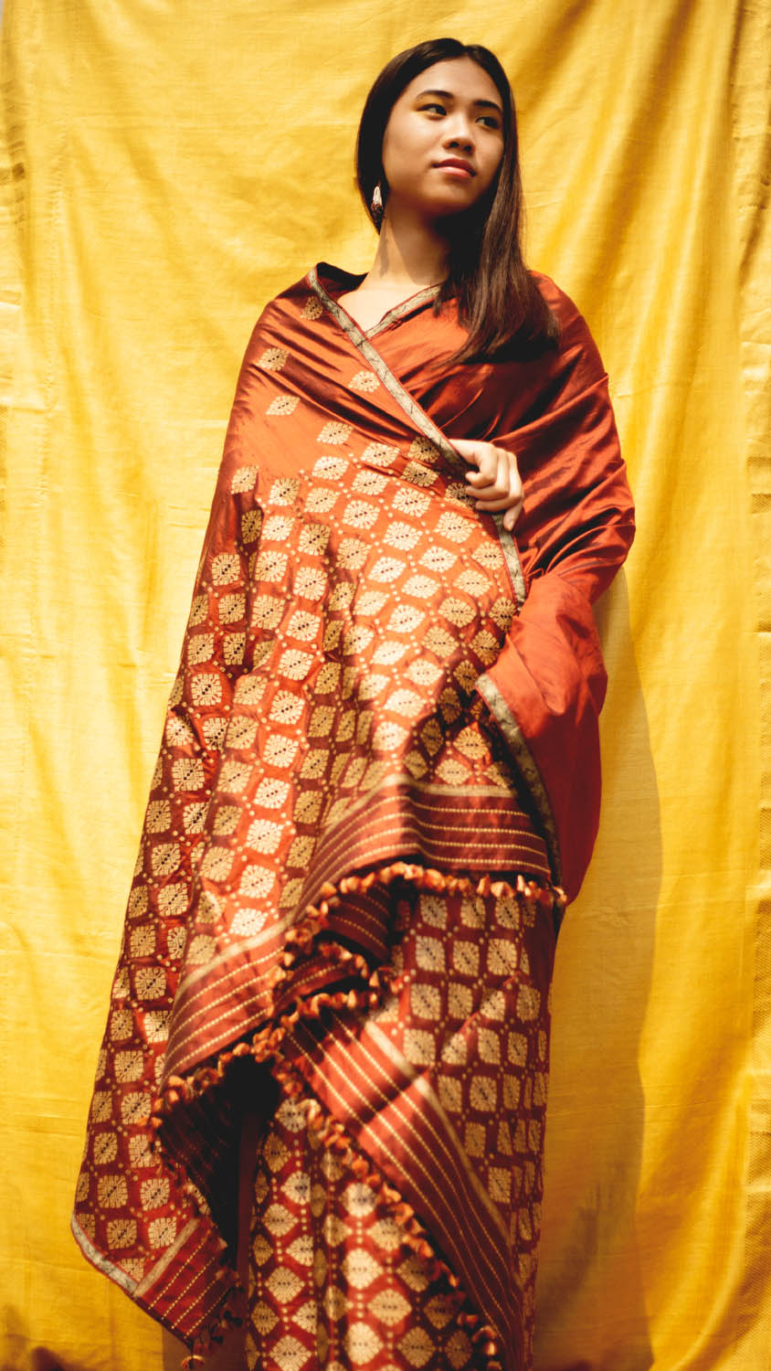 Bhoomija Earthy Red Paat Silk Mekhela Sador With Muga Motifs