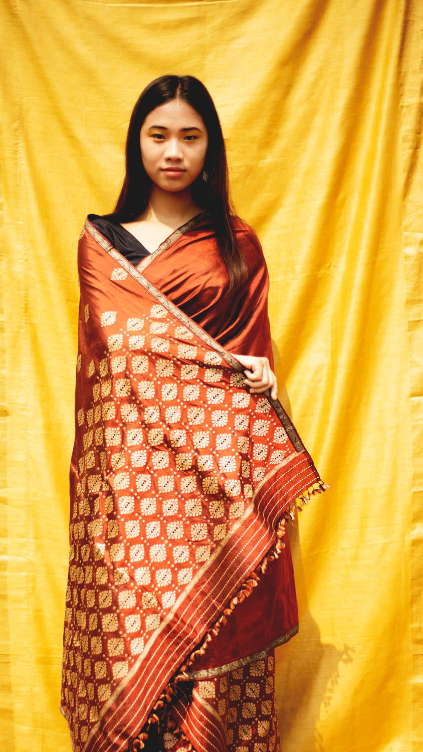 Bhoomija Earthy Red Paat Silk Mekhela Sador With Muga Motifs