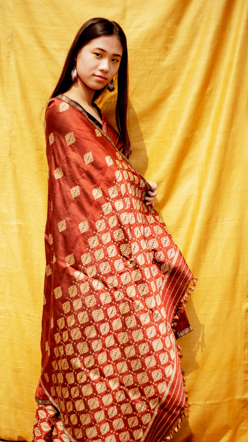 Bhoomija Earthy Red Paat Silk Mekhela Sador With Muga Motifs