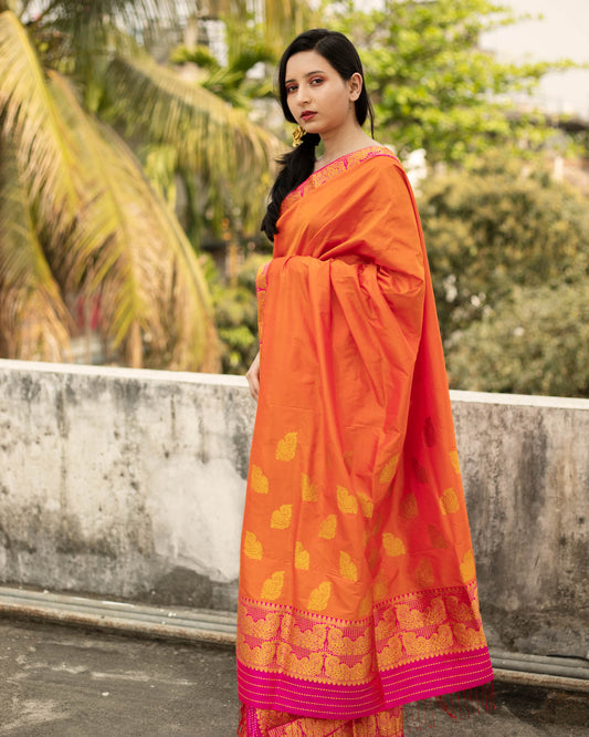 Savani Orange Paat Silk Mekhela Sador