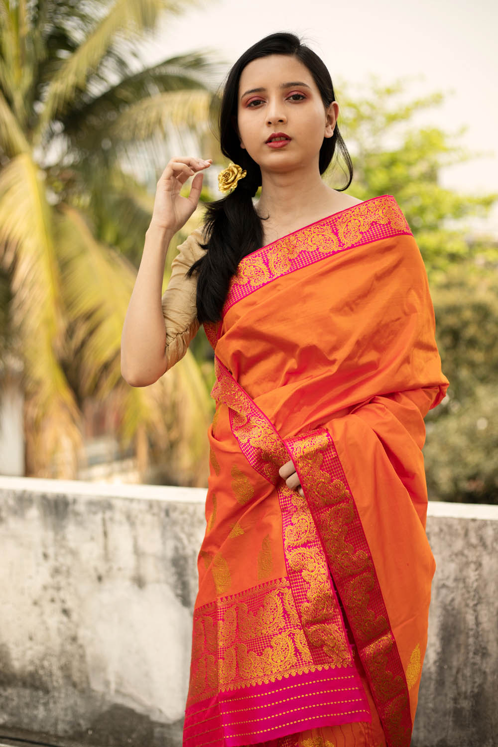 Savani Orange Paat Silk Mekhela Sador