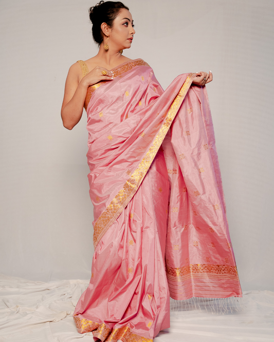 Hamsini Rose Pink-Gold Paat Silk Saree