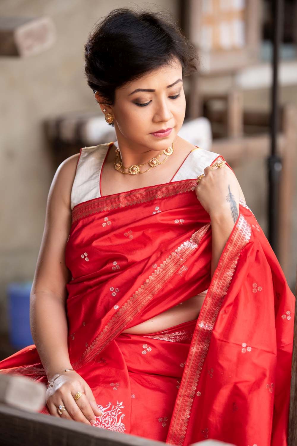 Laal Red Paat Silk Mekhela Sador