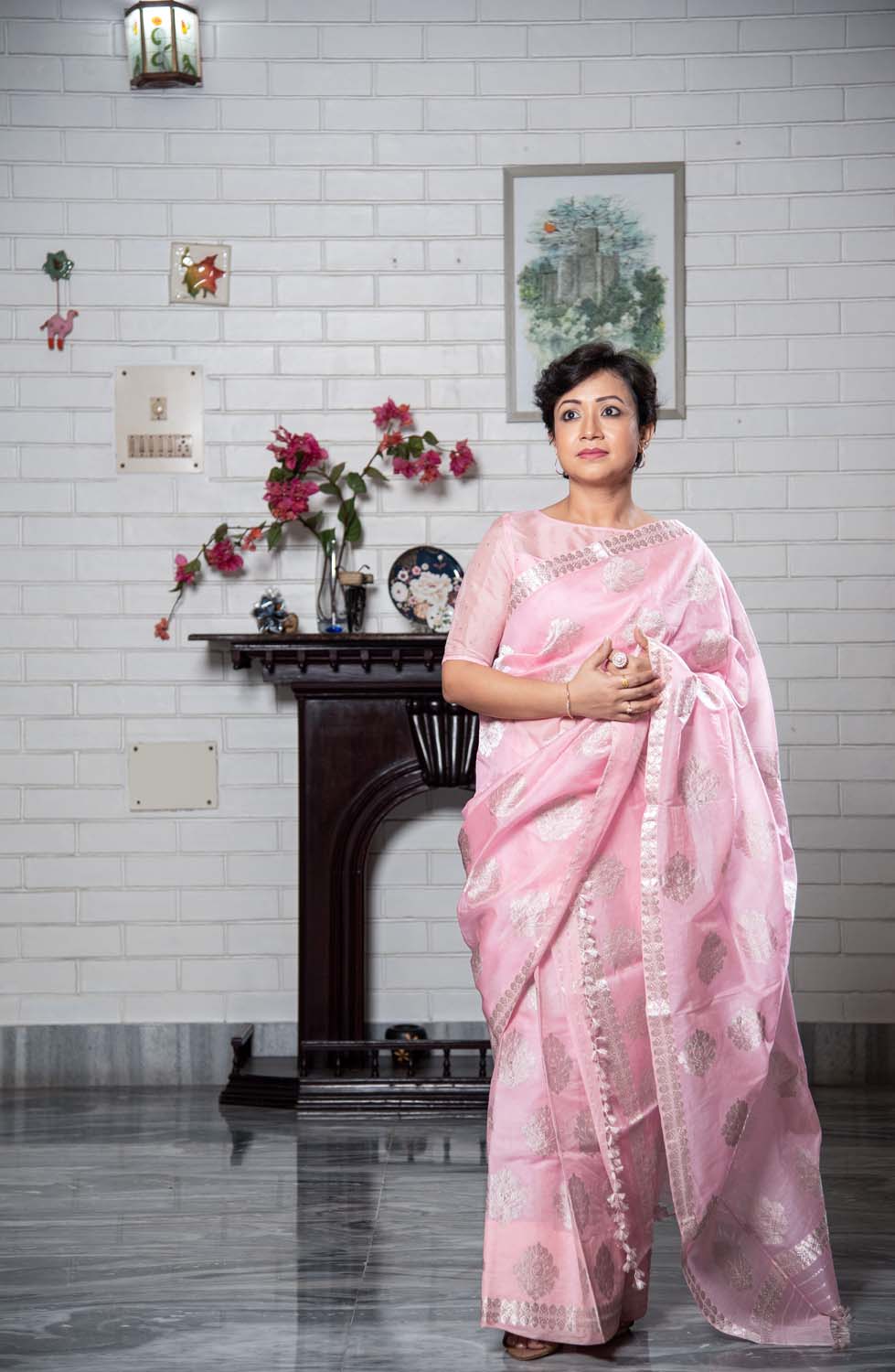 Chand Pink-Silver Kesa Paat Silk Mekhela Sador