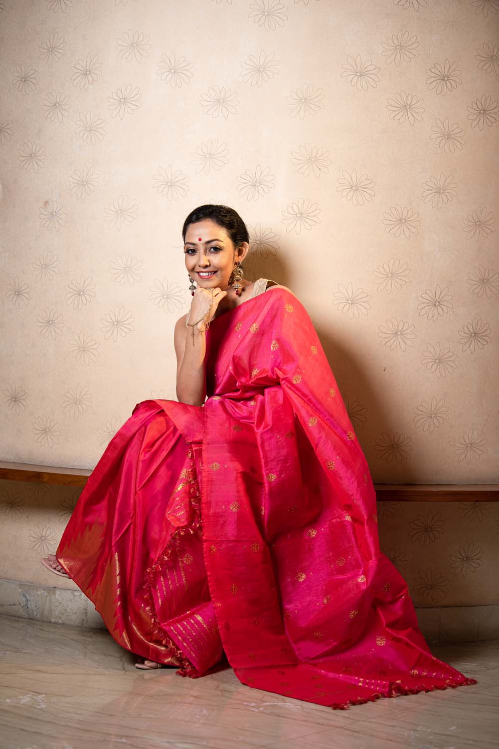 Sindoori Crimson Pink Kesa Paat Silk Sador With Paat Silk Mekhela