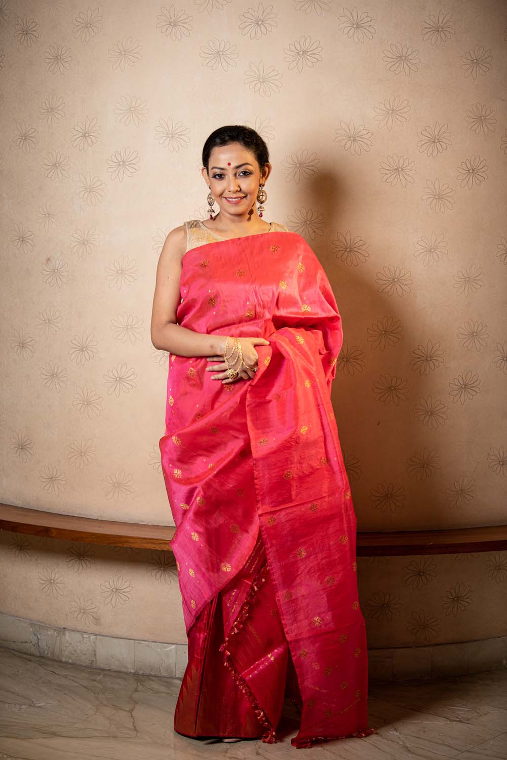 Sindoori Crimson Pink Kesa Paat Silk Sador With Paat Silk Mekhela