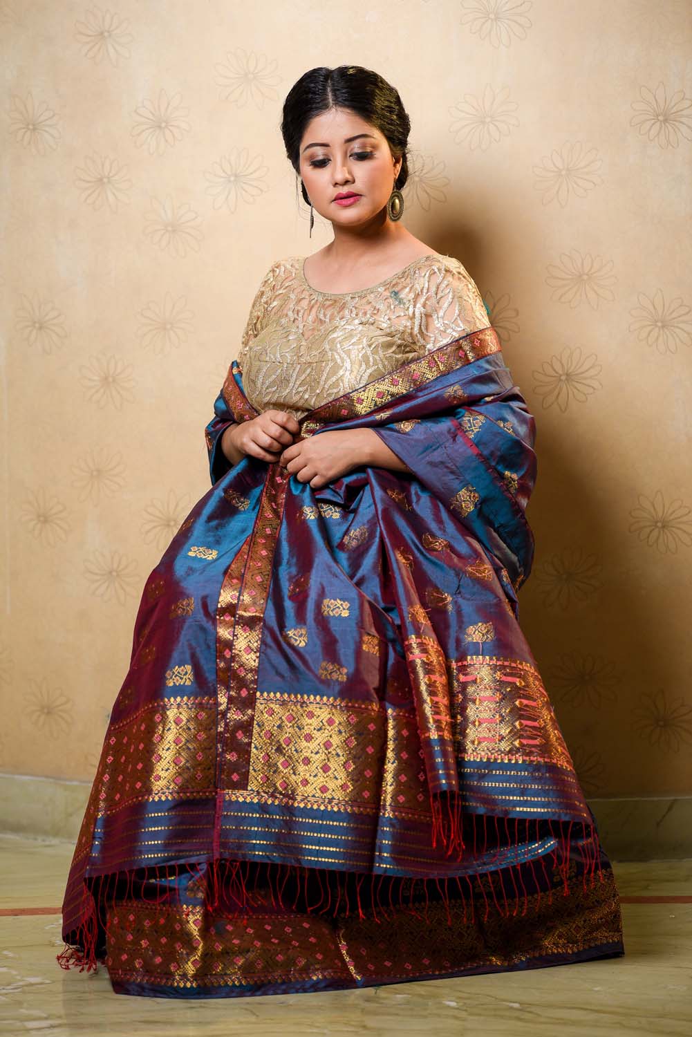 Raani Blue-Gold Paat Silk Mekhela Sador