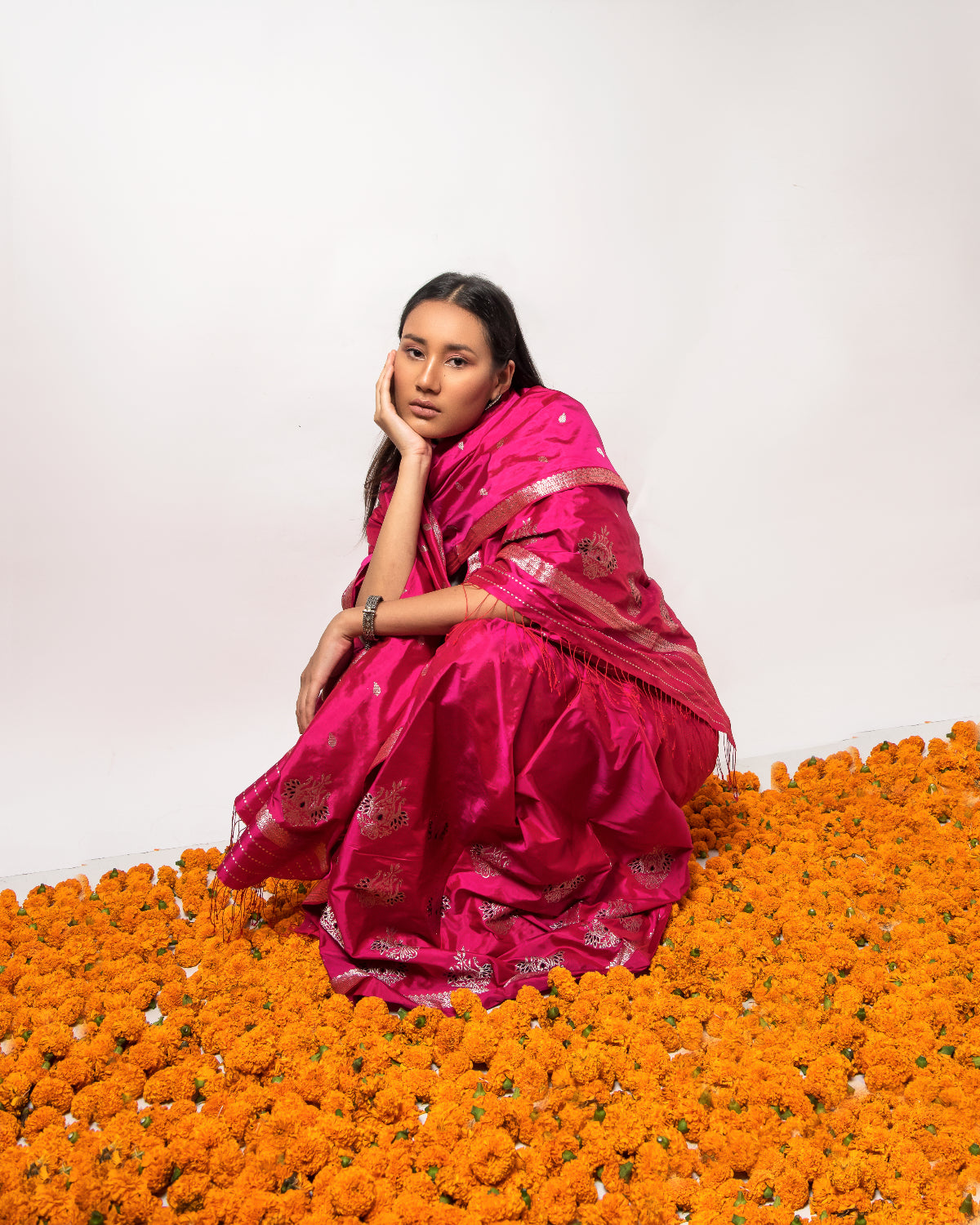 Kumkum Lush Pink-Silver Paat Silk Mekhela Sador