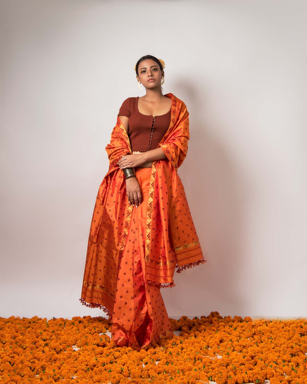 Zara Opal Orange Paat Silk Mekhela Sador