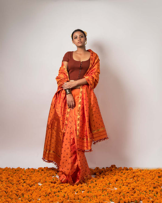 Zara Opal Orange Paat Silk Mekhela Sador