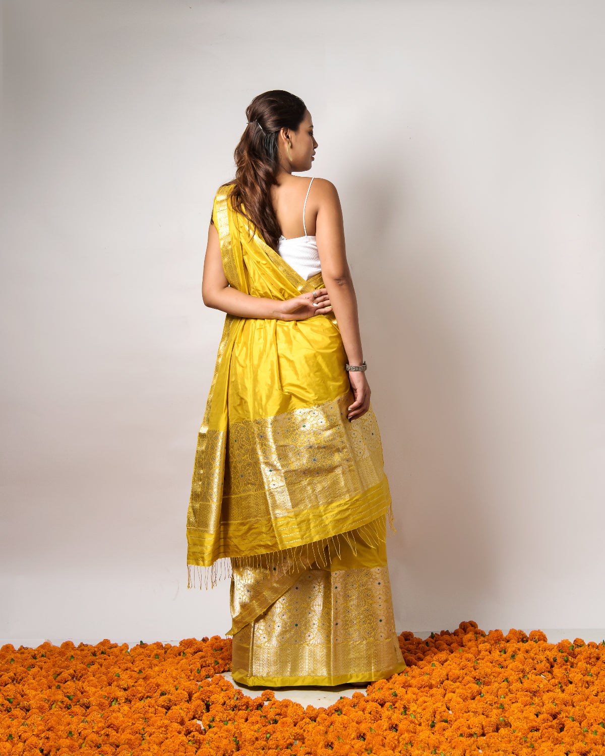 Kasturi Mustard Yellow Paat Silk Mekhela Sador