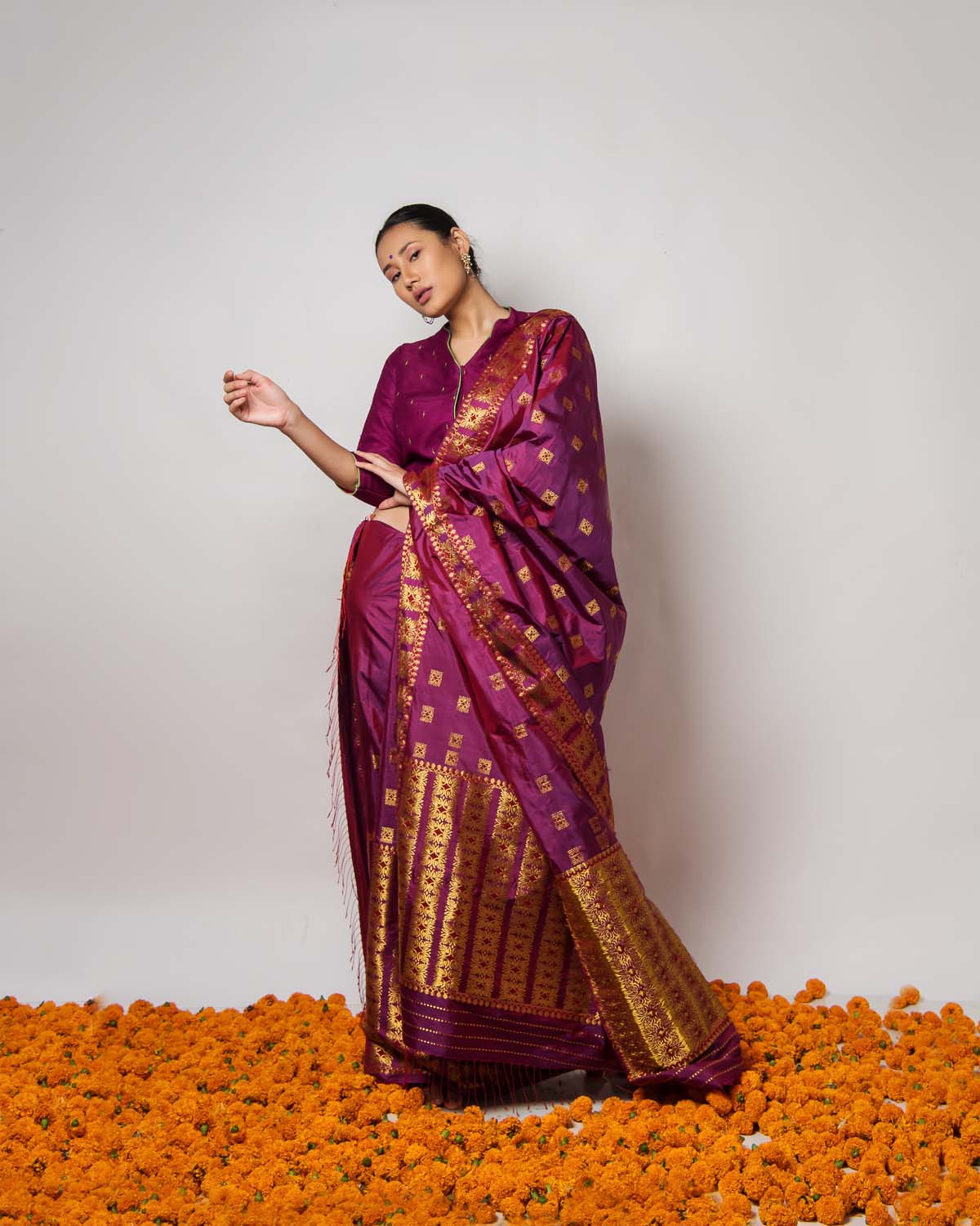 Phagun Wine Purple Paat Silk Mekhela Sador