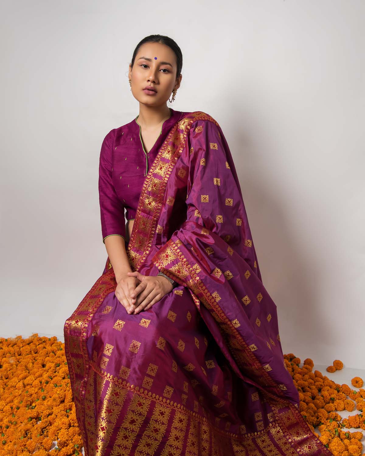 Phagun Wine Purple Paat Silk Mekhela Sador