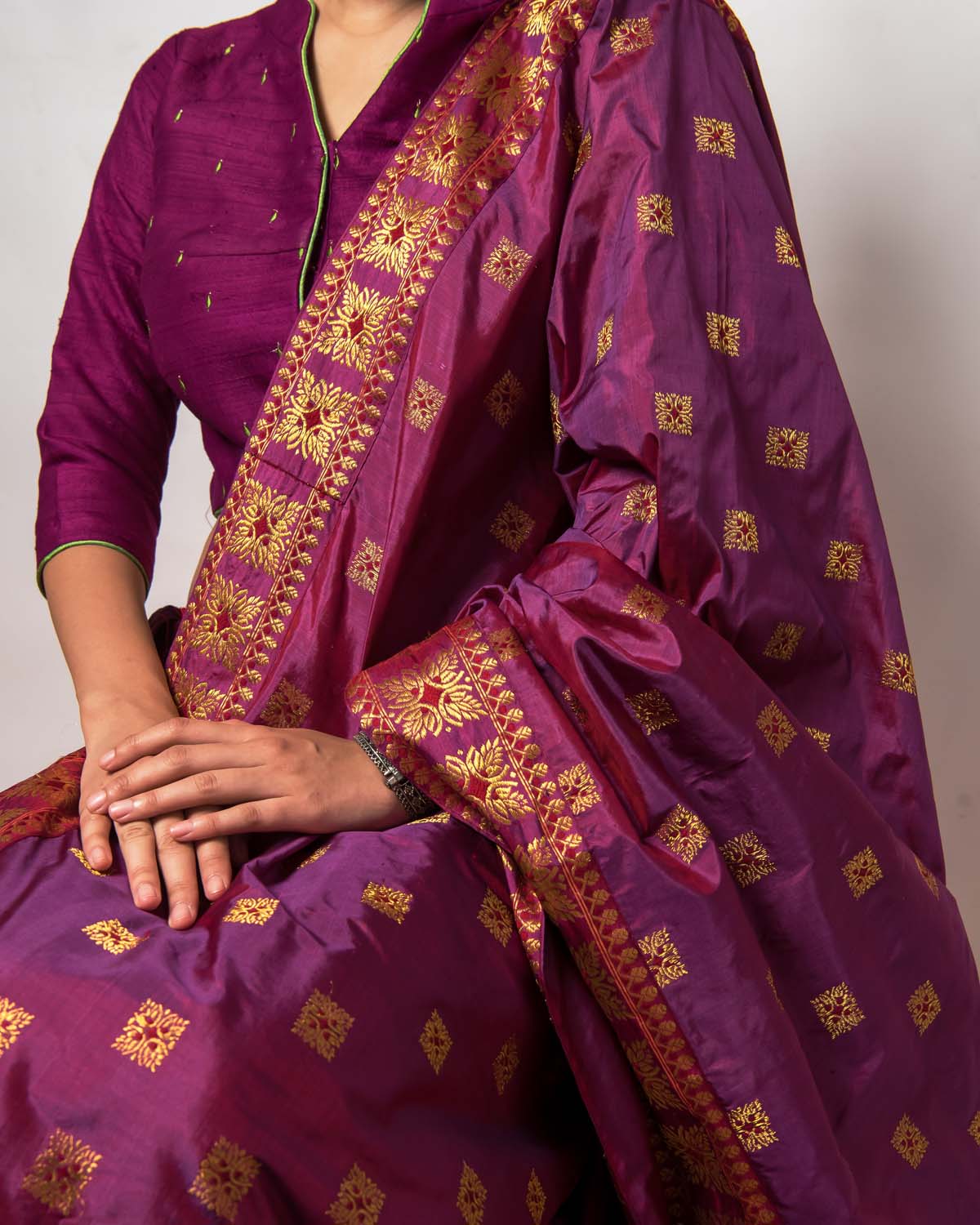 Phagun Wine Purple Paat Silk Mekhela Sador