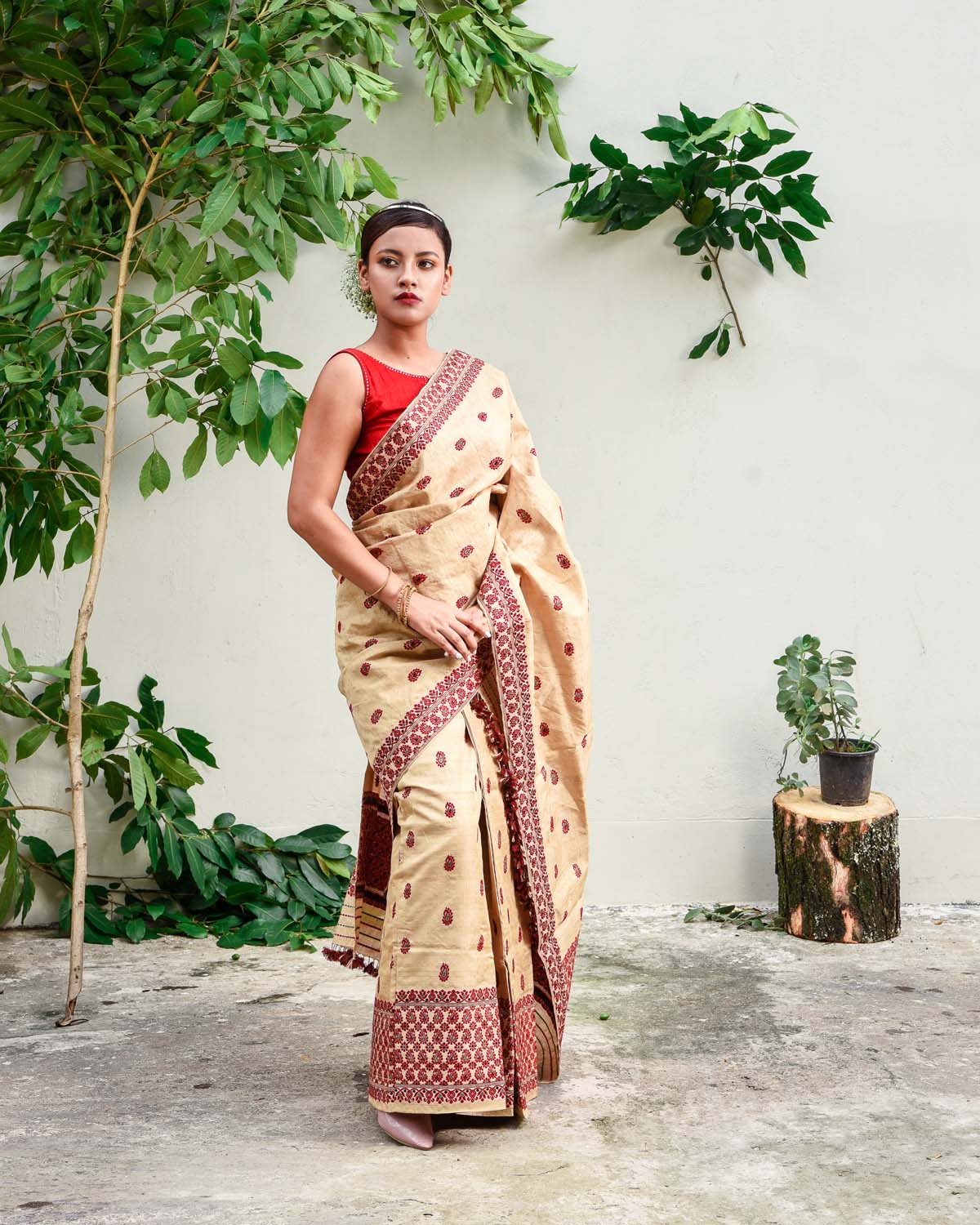 Dhwani Brown-Maroon Muga Silk Mekhela Sador – - Main Image