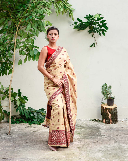 Dhwani Brown-Maroon Muga Silk Mekhela Sador