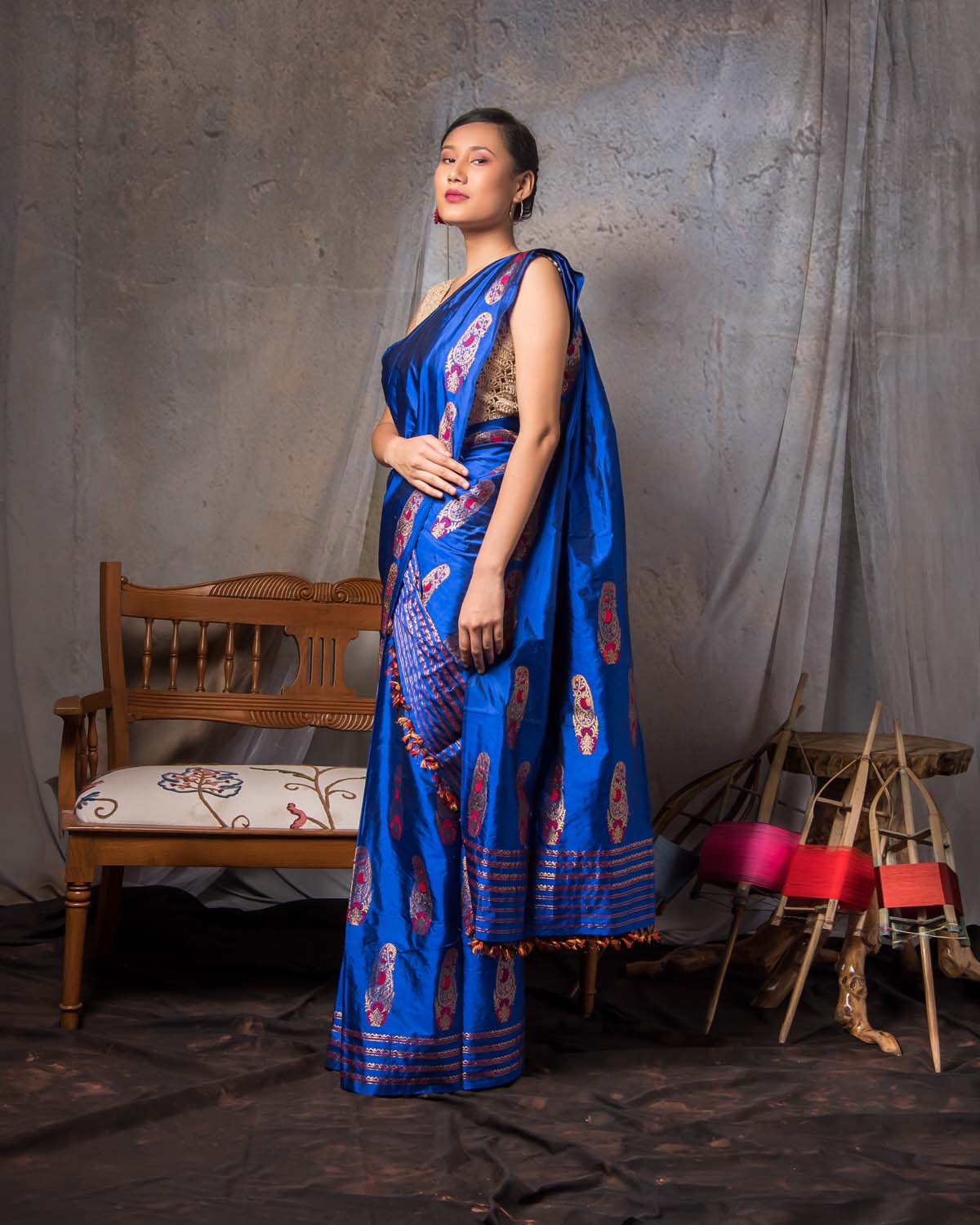 Falaknuma Deep Blue Paat Silk Mekhela Sador