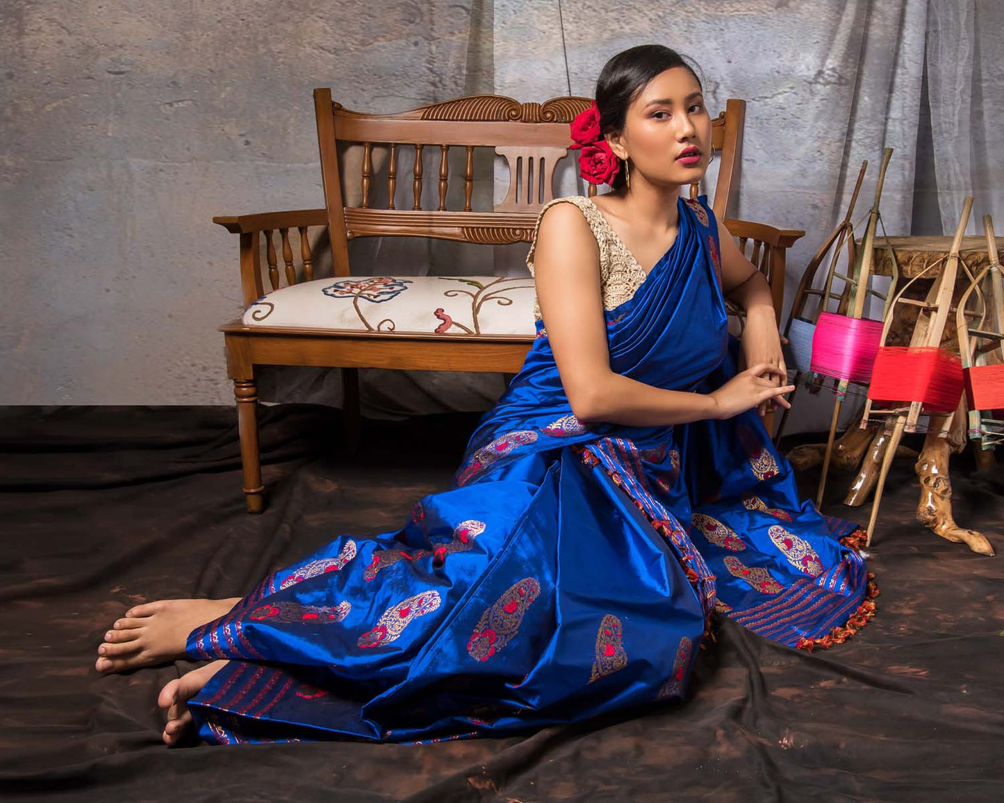 Falaknuma Deep Blue Paat Silk Mekhela Sador