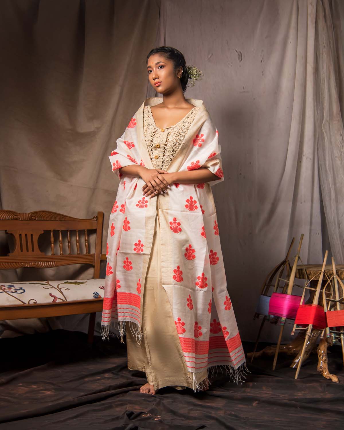 Adya Brown-White Kesa Paat Silk Sador
