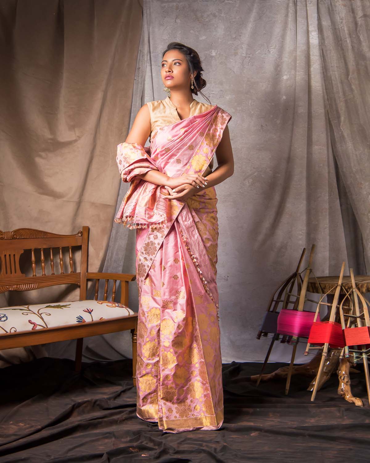 Flemingo Pink-Gold Paat Silk Mekhela Sador