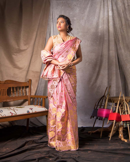Flemingo Pink-Gold Paat Silk Mekhela Sador