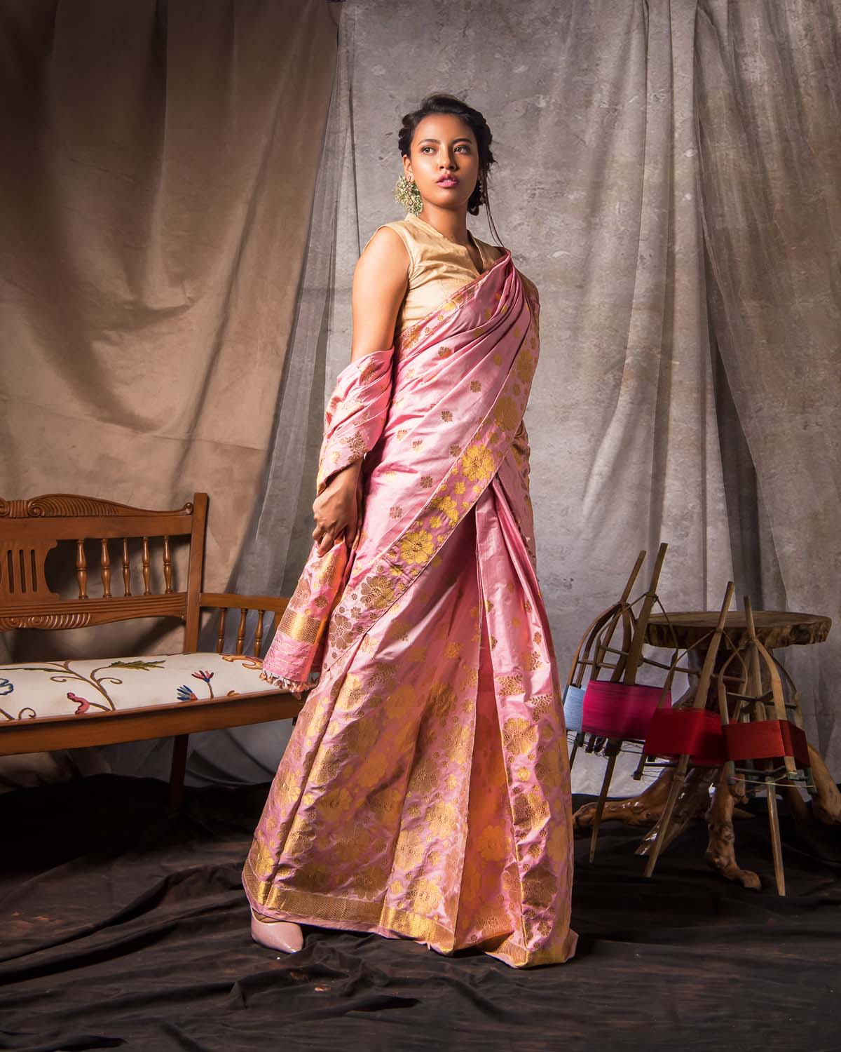 Flemingo Pink-Gold Paat Silk Mekhela Sador