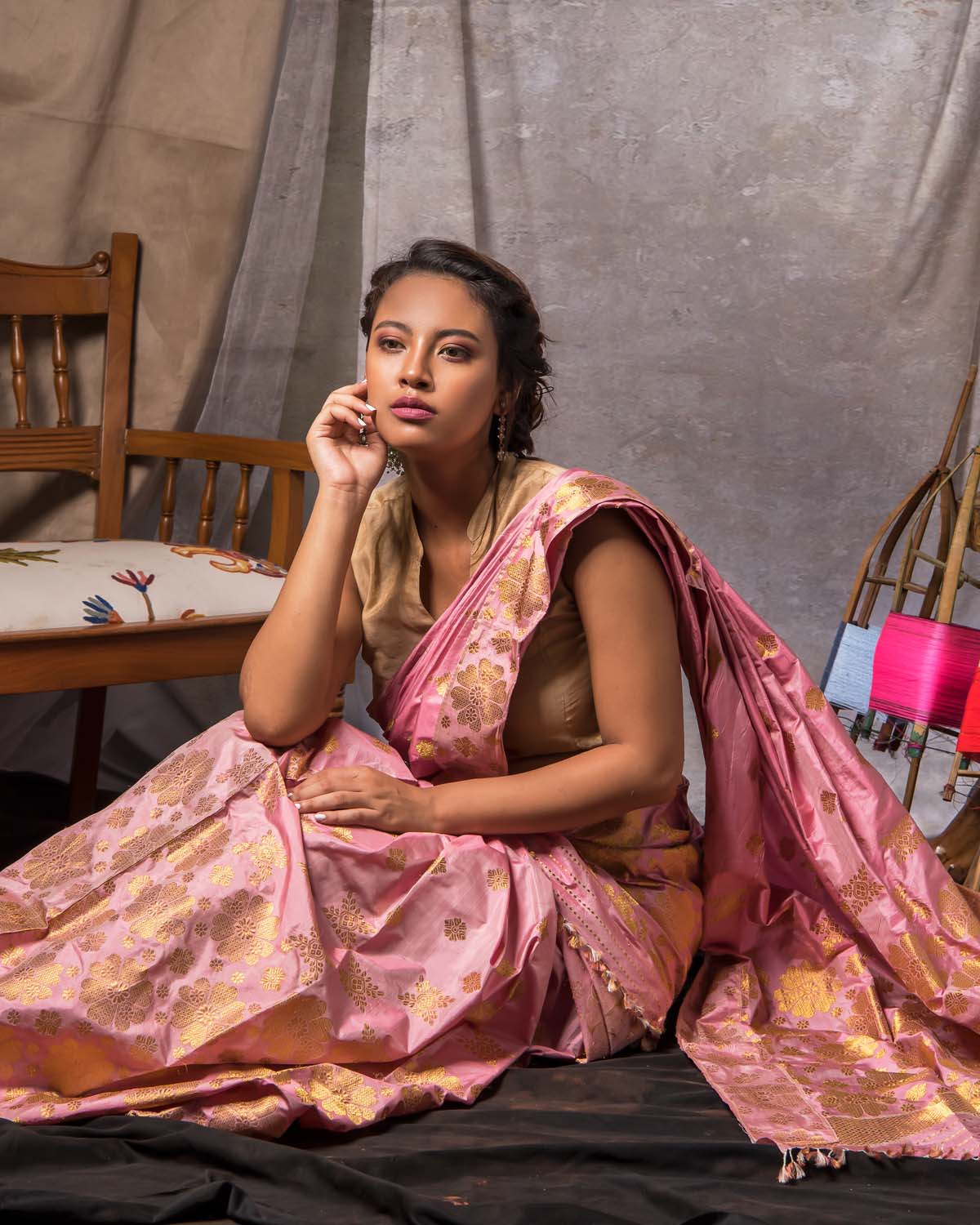 Flemingo Pink-Gold Paat Silk Mekhela Sador
