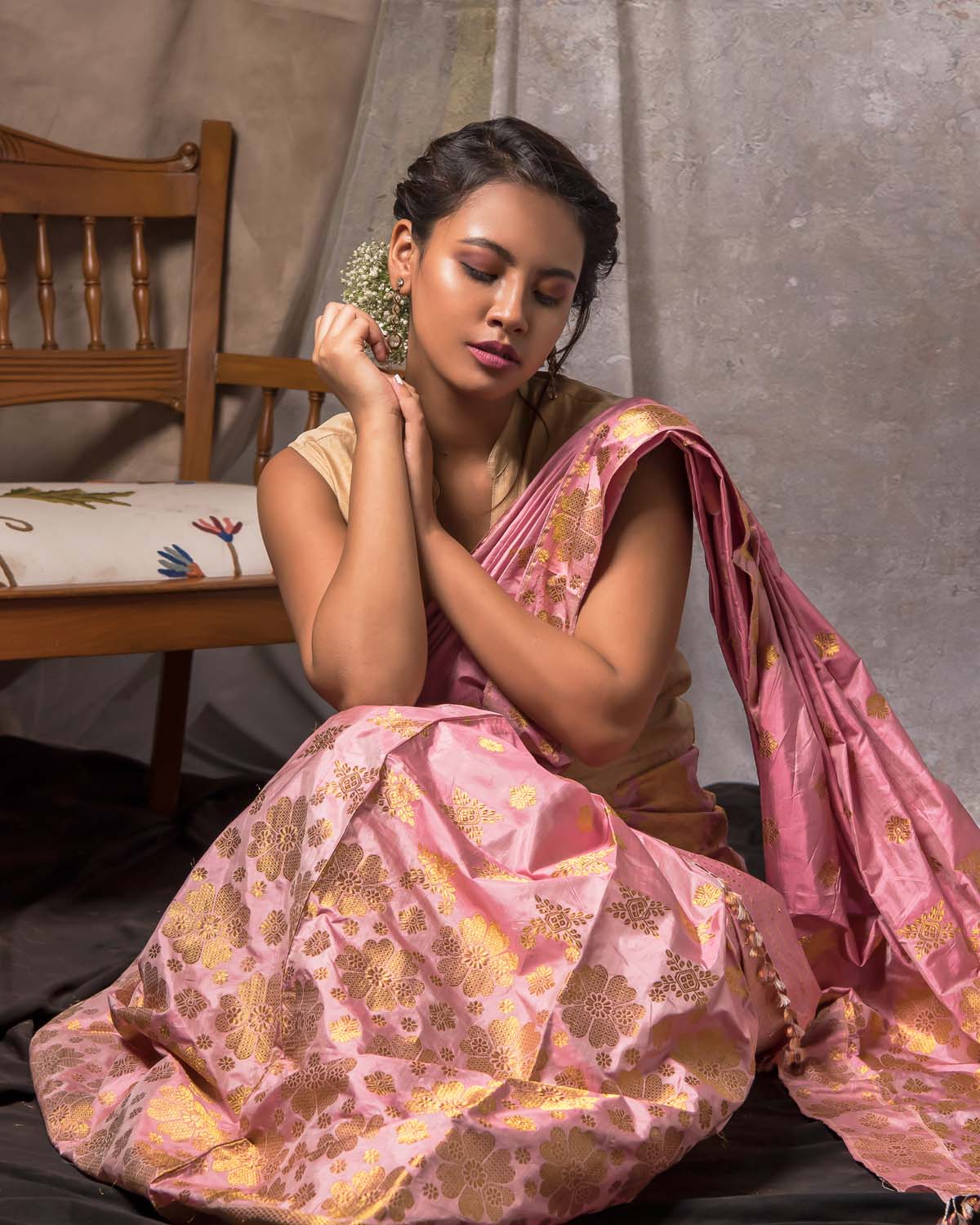 Flemingo Pink-Gold Paat Silk Mekhela Sador