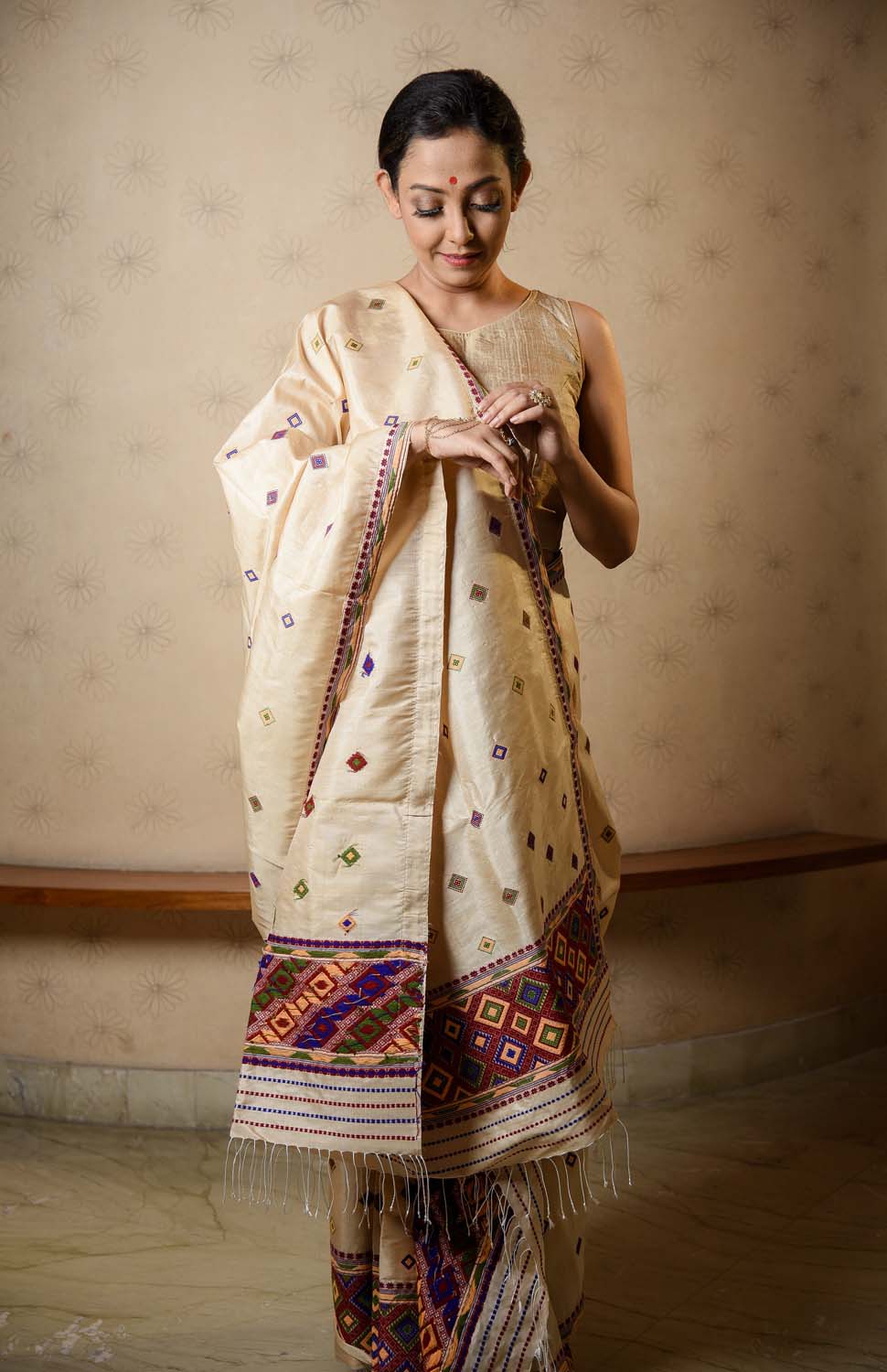 Miri Wheat Brown Tussar and Paat Silk Mekhela Sador