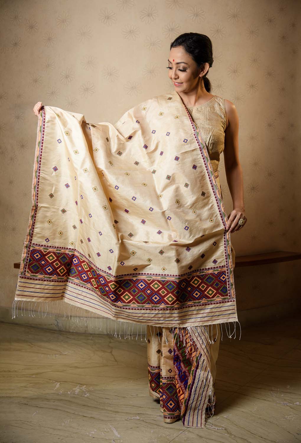 Miri Wheat Brown Tussar and Paat Silk Mekhela Sador