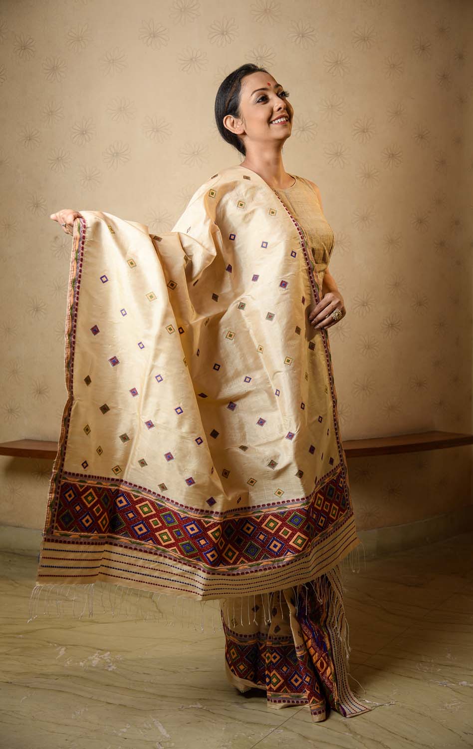 Miri Wheat Brown Tussar and Paat Silk Mekhela Sador