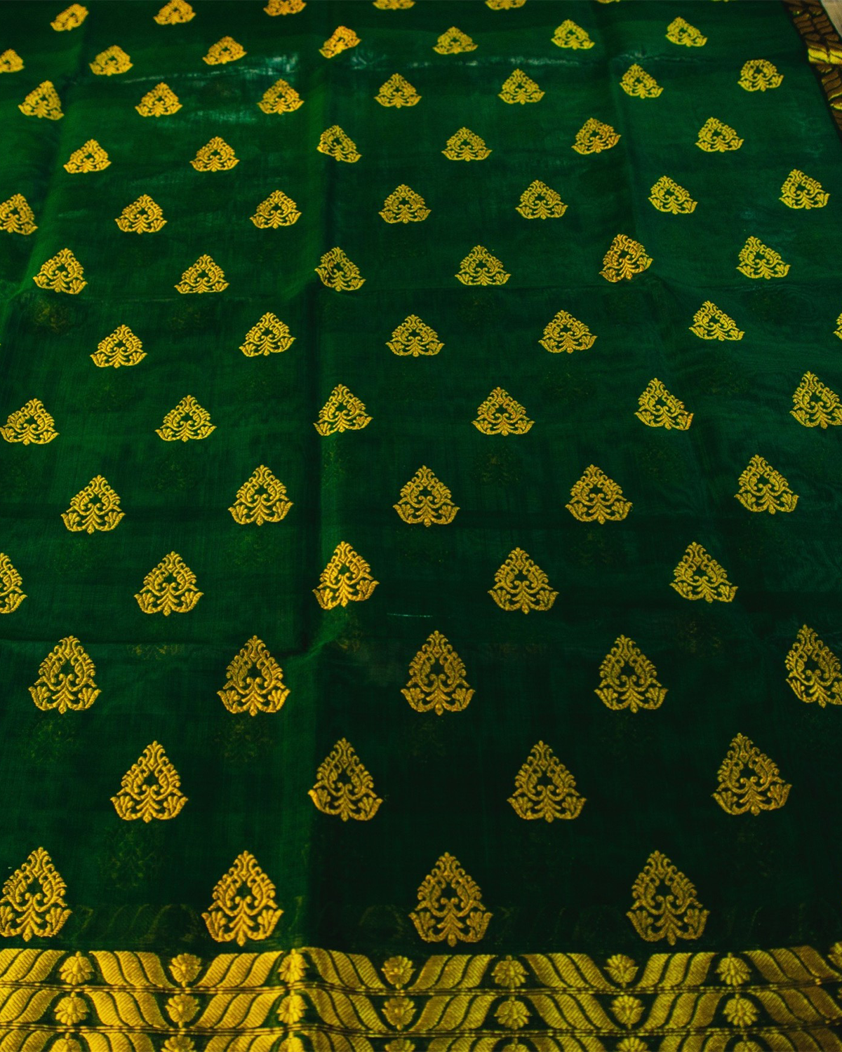 Ahom Bottle Green-Gold Kesa Paat Silk Mekhela Sador
