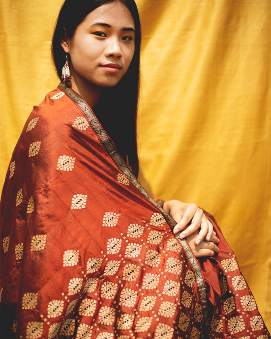 Bhoomija Earthy Red Paat Silk Mekhela Sador With Muga Motifs