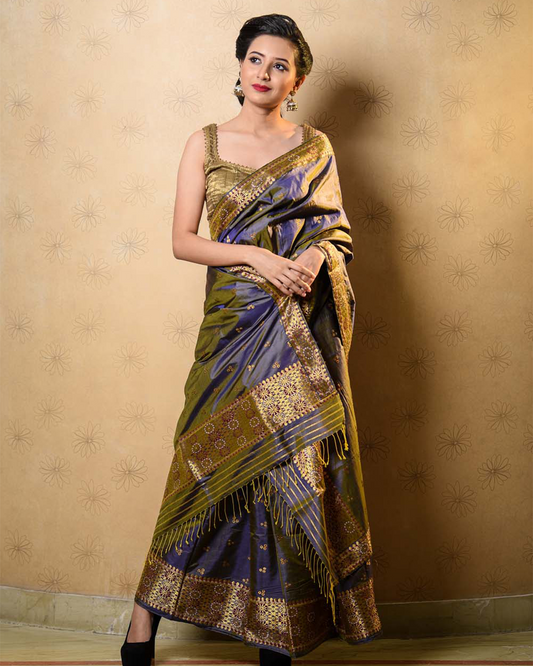 Dhoop Sai Lush Blue Paat Silk Mekhela Sador
