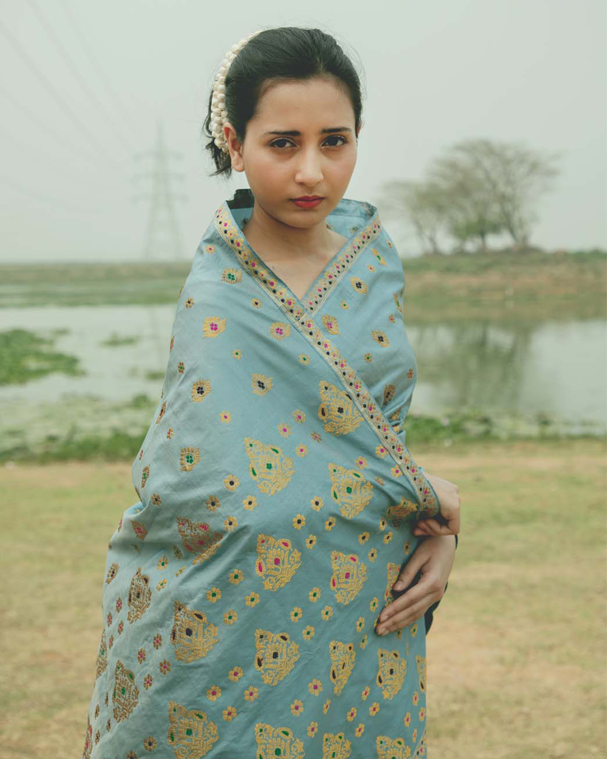 Shree Light Steel Blue Paat Silk Mekhela Sador