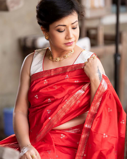 Laal Red Paat Silk Mekhela Sador