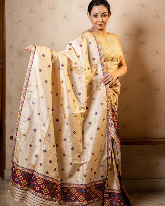 Miri Wheat Brown Tussar and Paat Silk Mekhela Sador