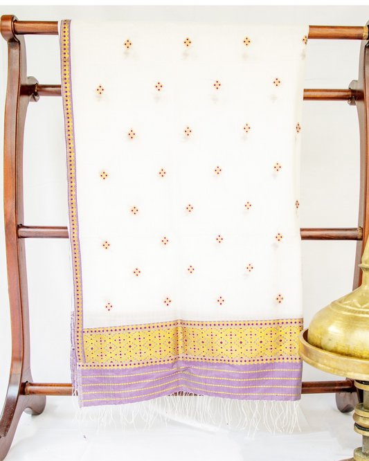 Kuwori White-Purple Kesa Paat Mekhela Sador