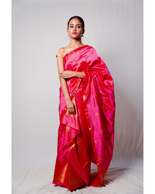 Rasa Pink-Gold Paat Silk Mekhela Sador