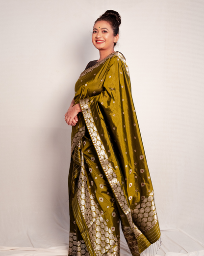 Urvi Olive Green Paat Silk Mekhela Sador