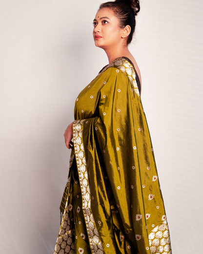 Urvi Olive Green Paat Silk Mekhela Sador
