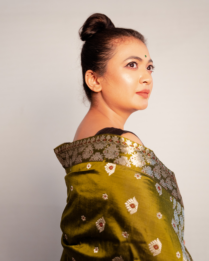 Urvi Olive Green Paat Silk Mekhela Sador