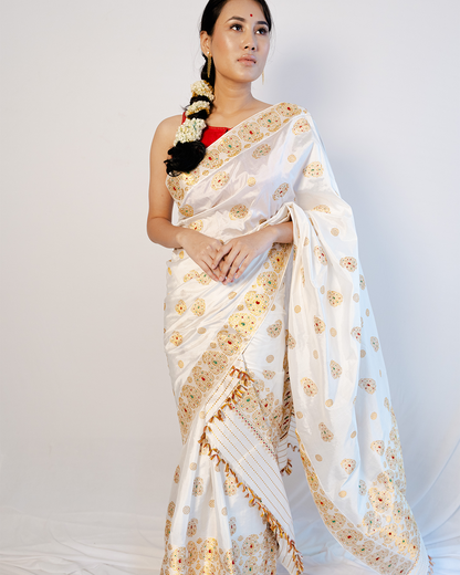 Amaroop Rich White-Gold Paat Silk Wedding Mekhela Sador